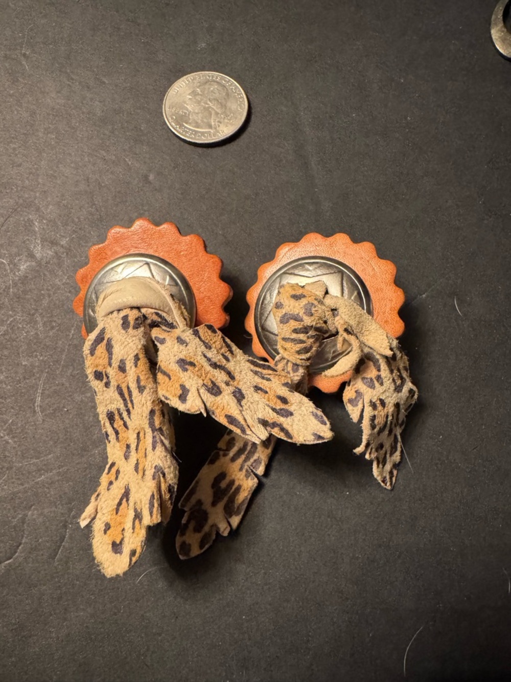 Leather Rosette Earrings with Leopard Tassels - Tan & Orange
